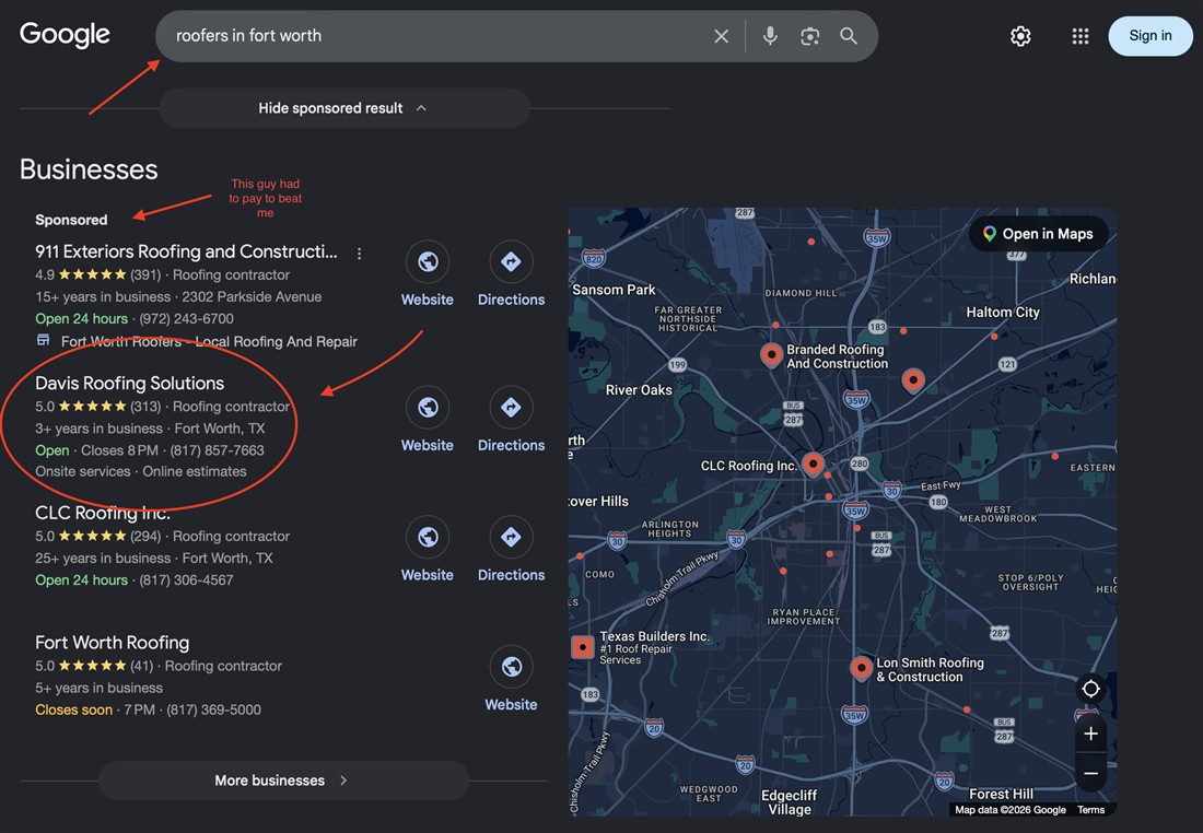Google results for roofers in fort worth showing Davis Roofing Solutions ranked first in the map pack