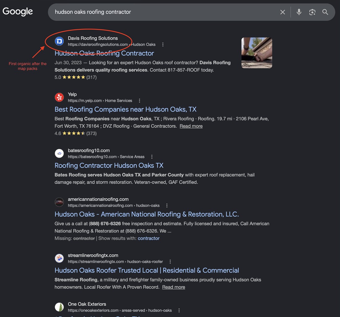 Google results for hudson oaks roofing contractor showing Davis Roofing first organic result