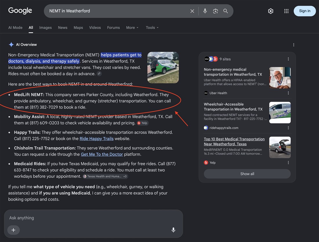 Google AI Overview for NEMT in Weatherford recommending MedLift NEMT first