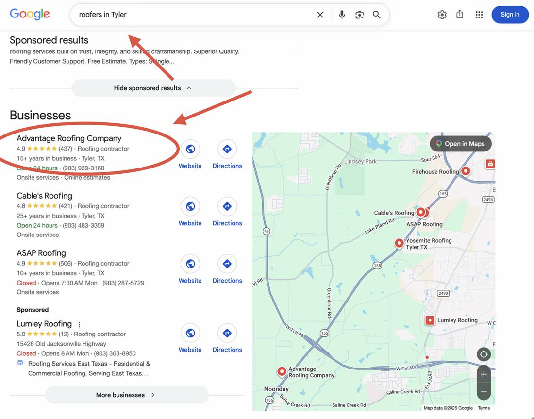 Google results for roofers in Tyler showing Advantage Roofing Company ranked first in the map pack