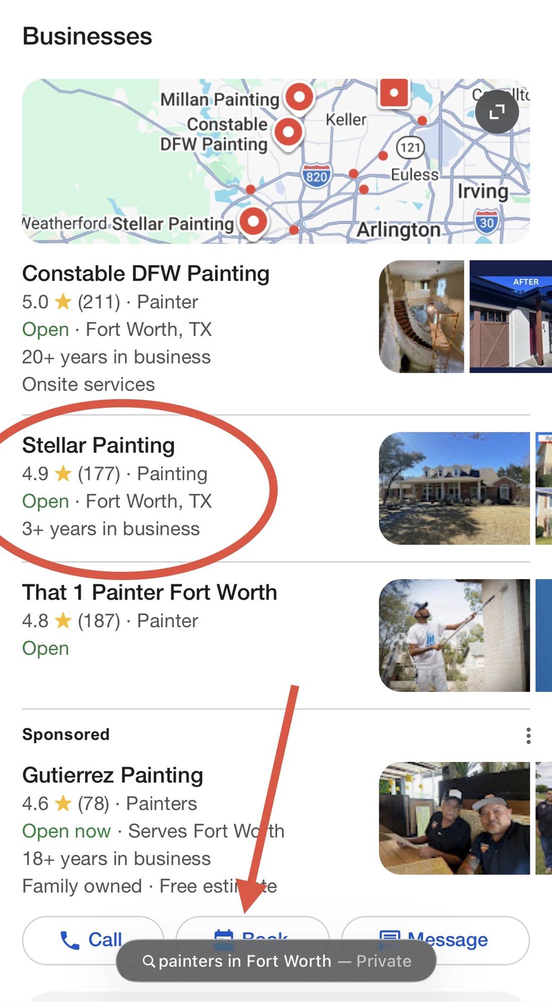 Google map pack for painters in Fort Worth searched in a private incognito browser, Stellar Painting circled